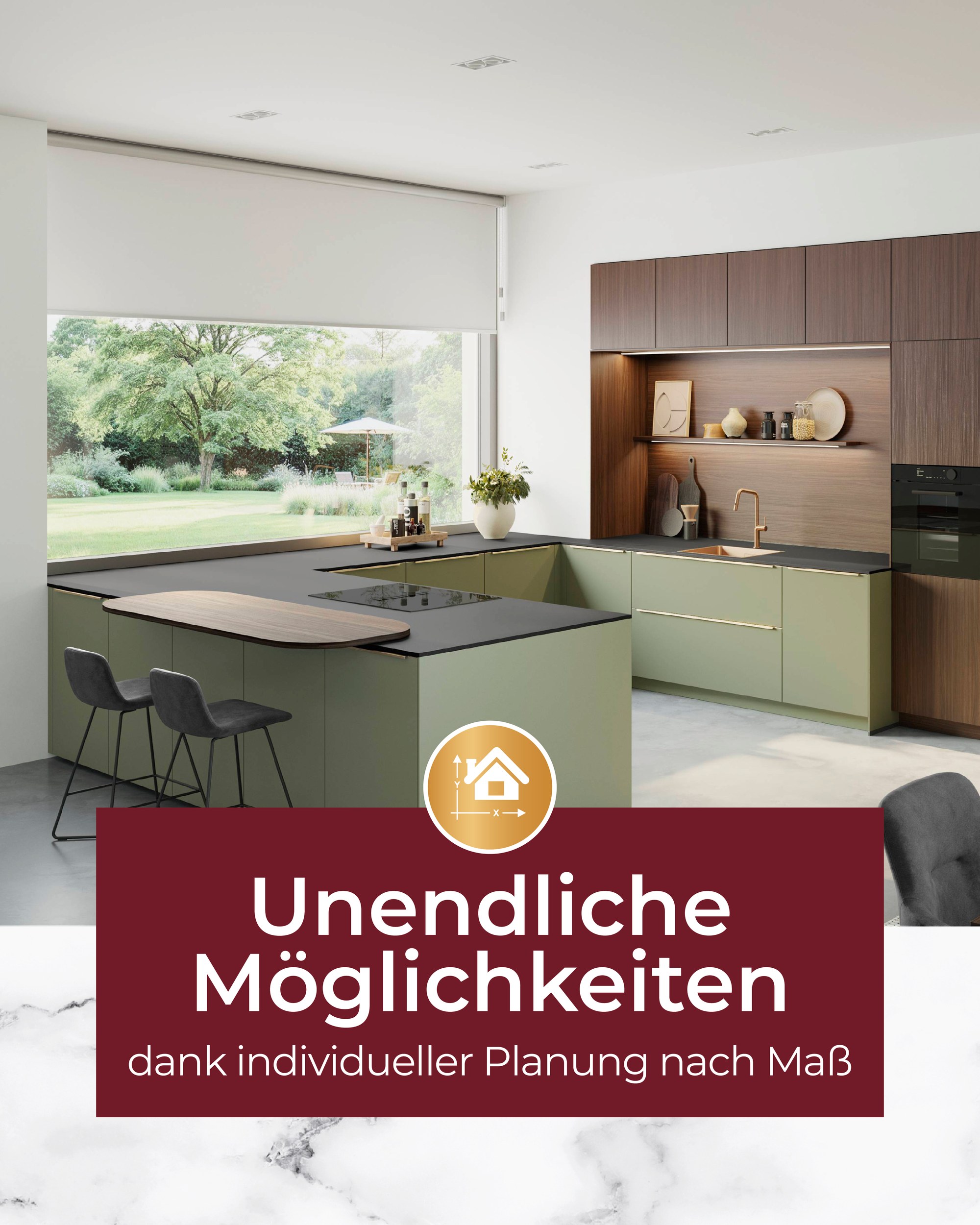 Helle Küche in Grün mit Blick ins Grüne – Hinweis auf individuelle Planung nach Maß und unendliche Möglichkeiten