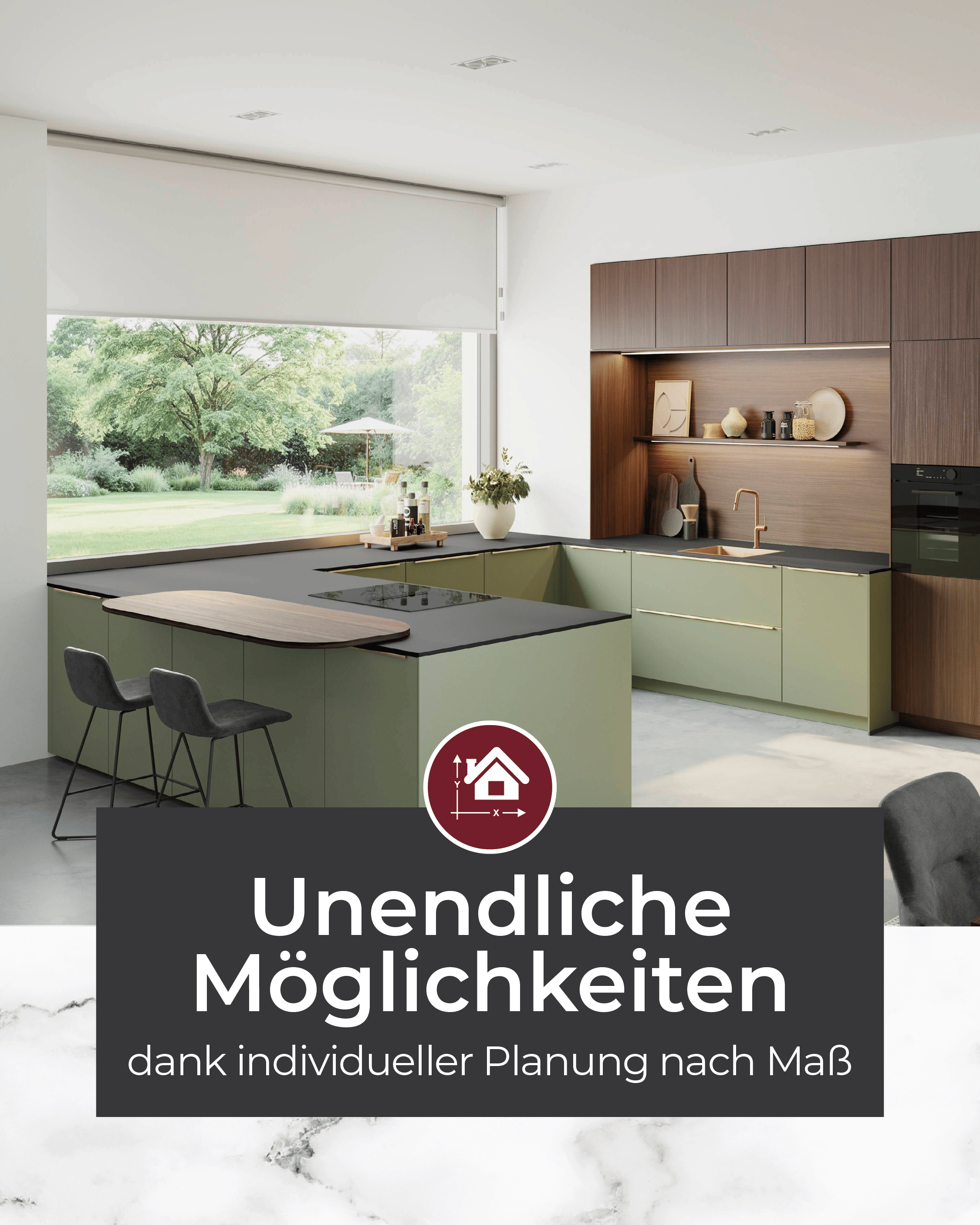 Moderne U-Küche in Grün und Holz mit großer Fensterfront und Kochinsel – Hinweis auf individuelle Küchenplanung nach Maß und unendliche Gestaltungsmöglichkeiten