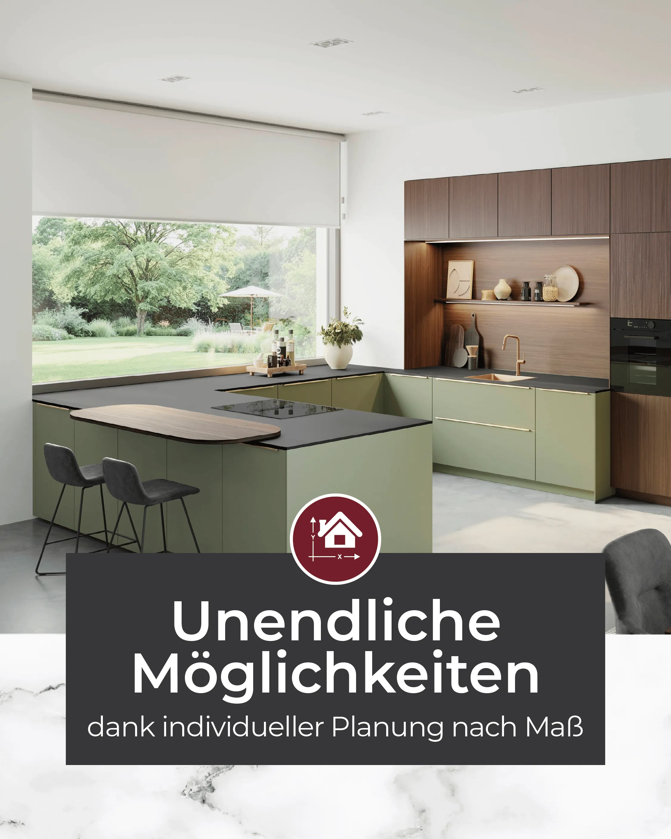 Moderne U-Küche in Grün und Holz mit großer Fensterfront und Kochinsel – Hinweis auf individuelle Küchenplanung nach Maß und unendliche Gestaltungsmöglichkeiten